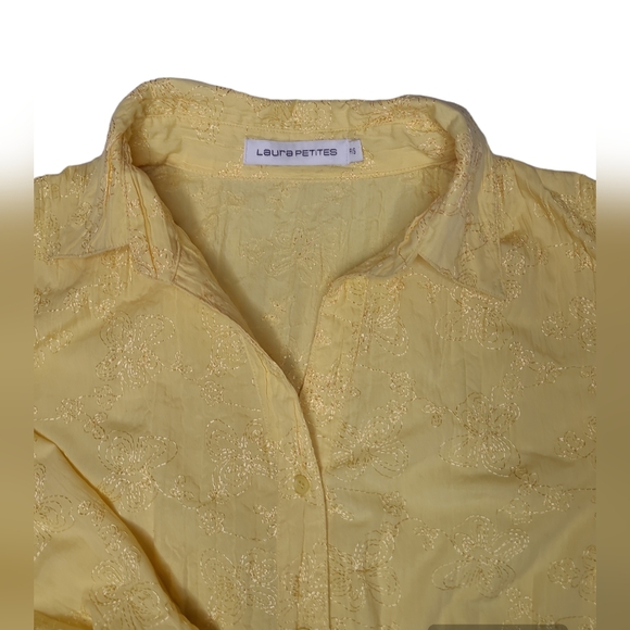 💲1️⃣ Laura Petites Yellow Embroidered Flowers Button-down 3/4 Slv Blouse Sz Sm - Picture 5 of 8
